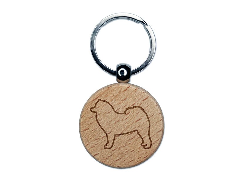 Samoyed Dog Outline Engraved Wood Round Keychain Tag Charm