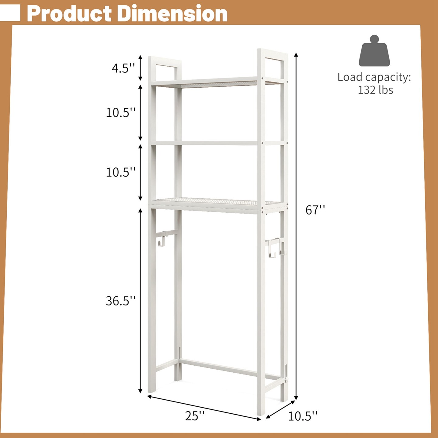 Costway Over-The-Toilet Storage Shelf Space Saving Metal Bathroom Organizer Hooks Grey/White/Brown