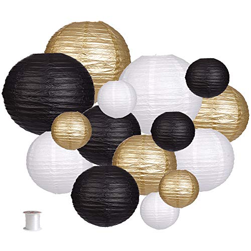 15 Pieces Paper Lanterns Decorative, Round Hanging Paper Lanterns Decorations for Wedding Graduation Anniversary Birthday Party Supplies Black/Gold/White