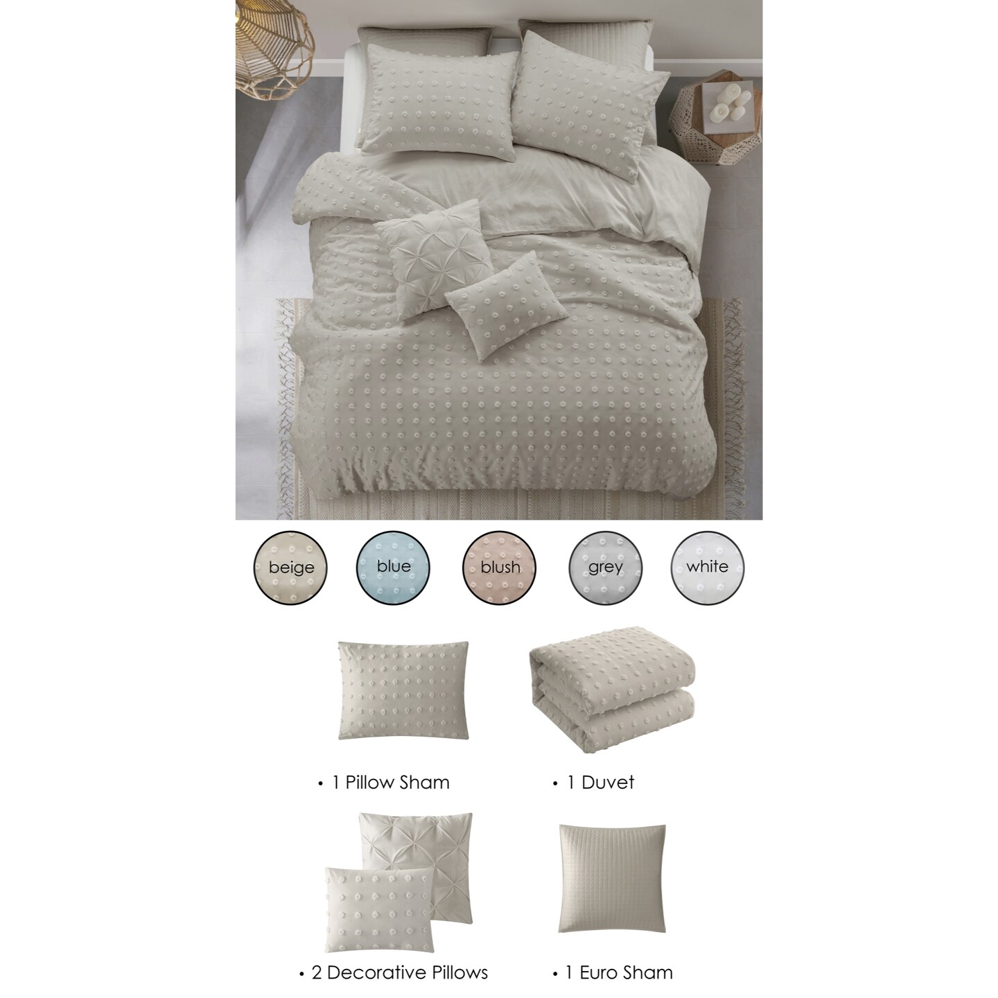 Haya Duvet Set With Pillow Sham, Euro Sham, Decorative Pillows and Duvet Cover