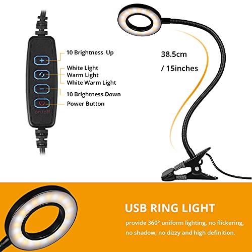 Desk Lamp Clip on Light, 48 LEDs USB Clip Ring Light with 3 Color Modes 10 Dimmable Brightness, Eye Protection Desk Light, 360° Flexible Gooseneck for Desk Headboard Reading
