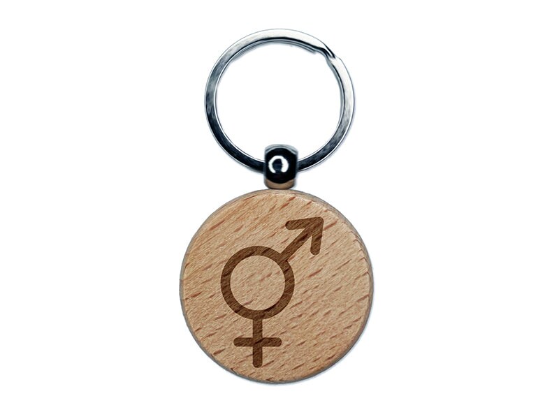 Male and Female Sign Intersex Androgynous Hermaphrodite Gender Symbol Engraved Wood Round Keychain Tag Charm