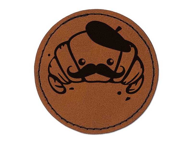 Cute Kawaii French Croissant With Beret And Mustache Round Iron On Engraved Faux Leather Patch 5636