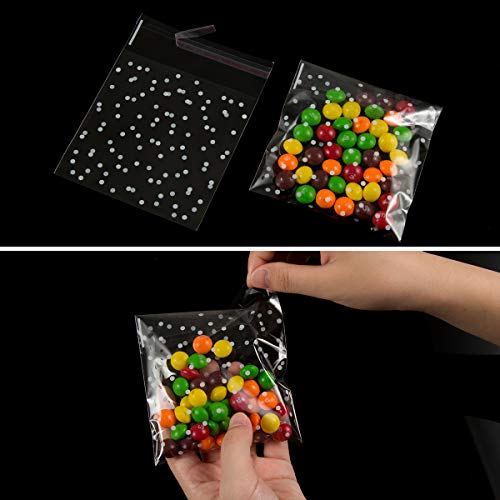 400 Pieces White Polka Dot Treat Bags Self Adhesive Candy Cookie Bags, 200 Cellophane Bags + 200 Thank You Sticker for Bakery Biscuit Chocolate Snacks Dessert (5.5x5.5Inches, White Polka Dot+Sticker)