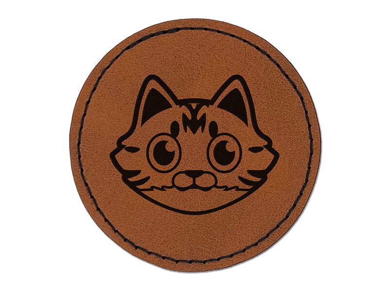 Fluffy Striped Tabby Cat Head Round Iron-On Engraved Faux Leather Patch Applique - 2.5&#x22;