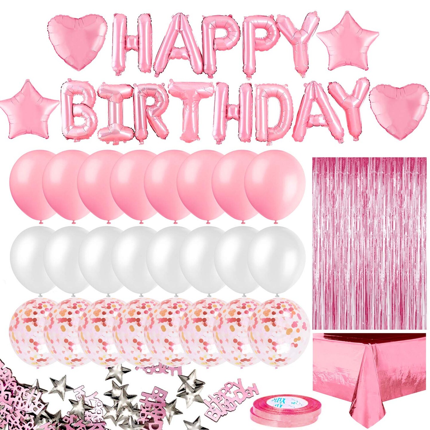 Pink Birthday Party Decoration, Happy Birthday Banner, Rose Gold Fringe Curtain, Foil Tablecloth, Heart Star Foil Confetti Balloons, 10g Table Confetti for Women Girl Birthday Party