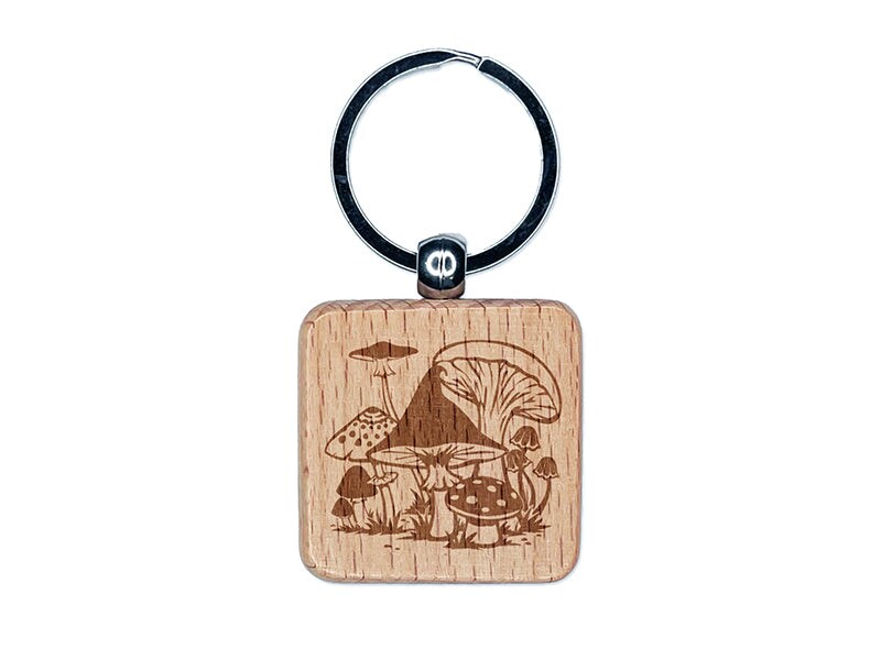 Whimsical Group of Mushrooms Fungus Fungi Engraved Wood Square Keychain Tag Charm