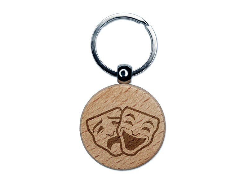 Drama Tragedy Comedy Masks Theater Engraved Wood Round Keychain Tag Charm