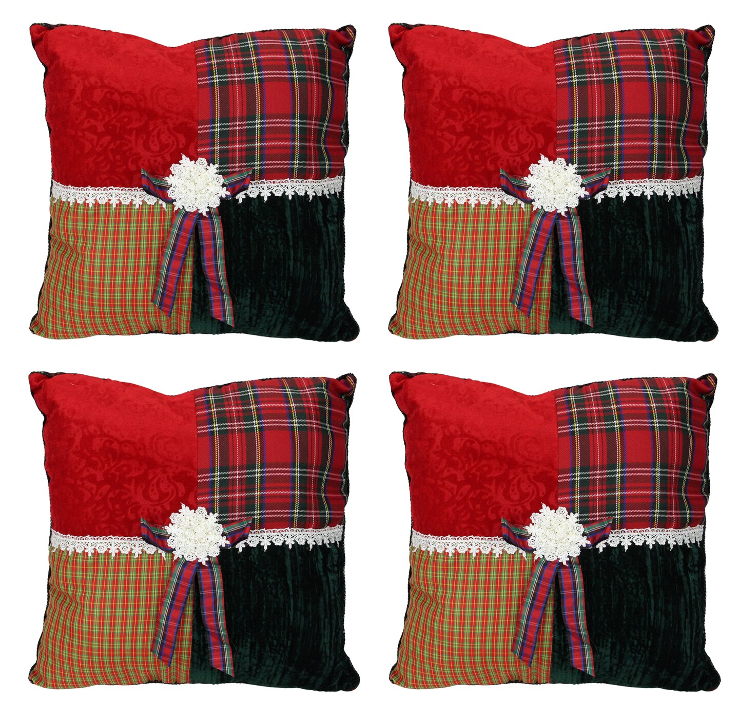 Kurt Adler Set of 4 Square Textured Tartan Plaid Velvet Christmas Throw Pillows 15.5"