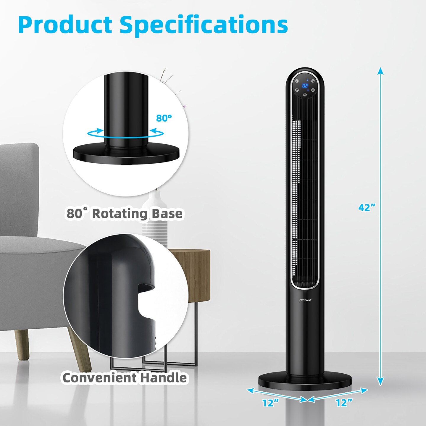Costway 42&#x27;&#x27; Tower Fan Smart Display Panel 12H Timer 80 Degree Oscillating Fan with Remote White/Black