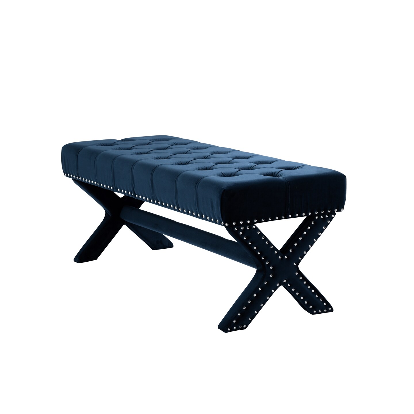 Bryoni Linen/Velvet Button Tufted Silver Nailhead Trim X-Leg Bench