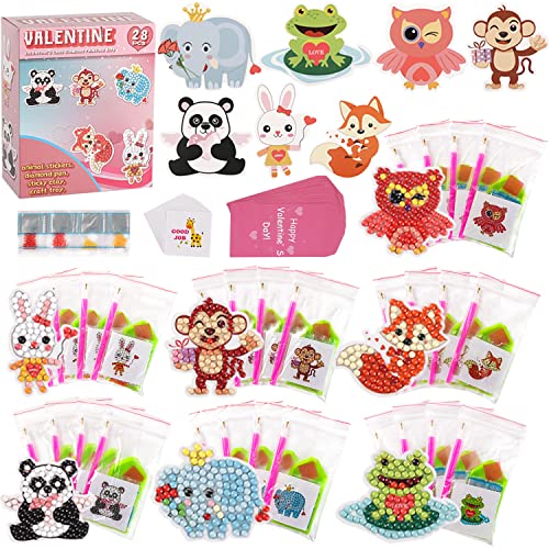 28 Pieces Valentines Day Cards for Kids - Diamond Painting Kits+ 28pcs Valentines Cards, Kids Valentines Day Cards with 7 Different Gem Stickers for School Classroom Valentine's Gifts Exchange Decorations