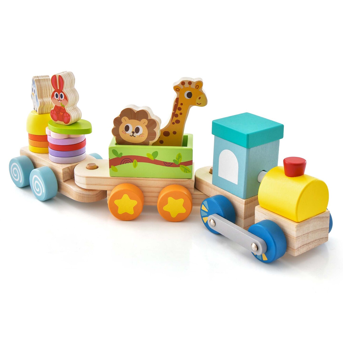 Costway Wooden Stackable Train Set Kids Educational Fun Cars with Animal Toys &#x26; Locomotive