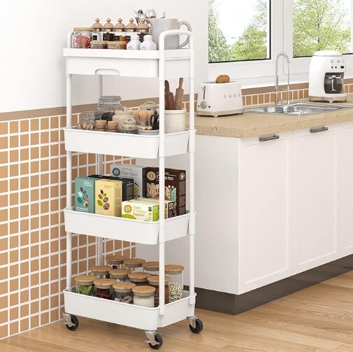 White 4-Tier Rolling Cart with Drawer, Kitchen Storage Organizer with Plastic Shelf and Metal Wheels, Suitable for Living Room, Kitchen, Office, and Bathroom.