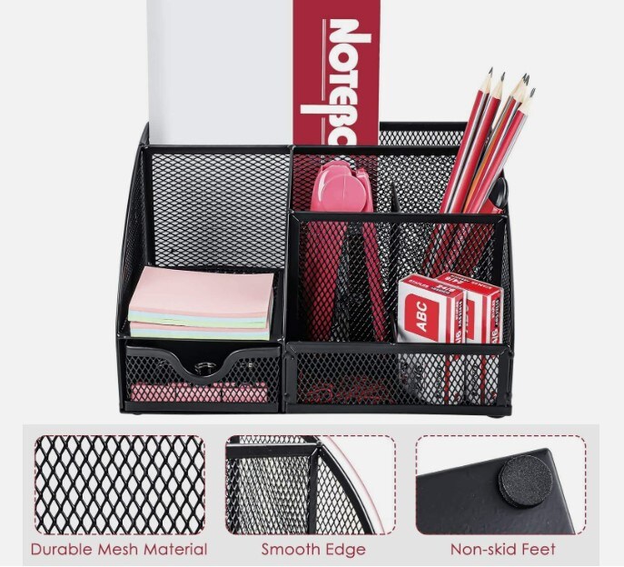 Mesh Desk Organizer Office Supplies 6 Compartments + 1 Drawer Pen Holder