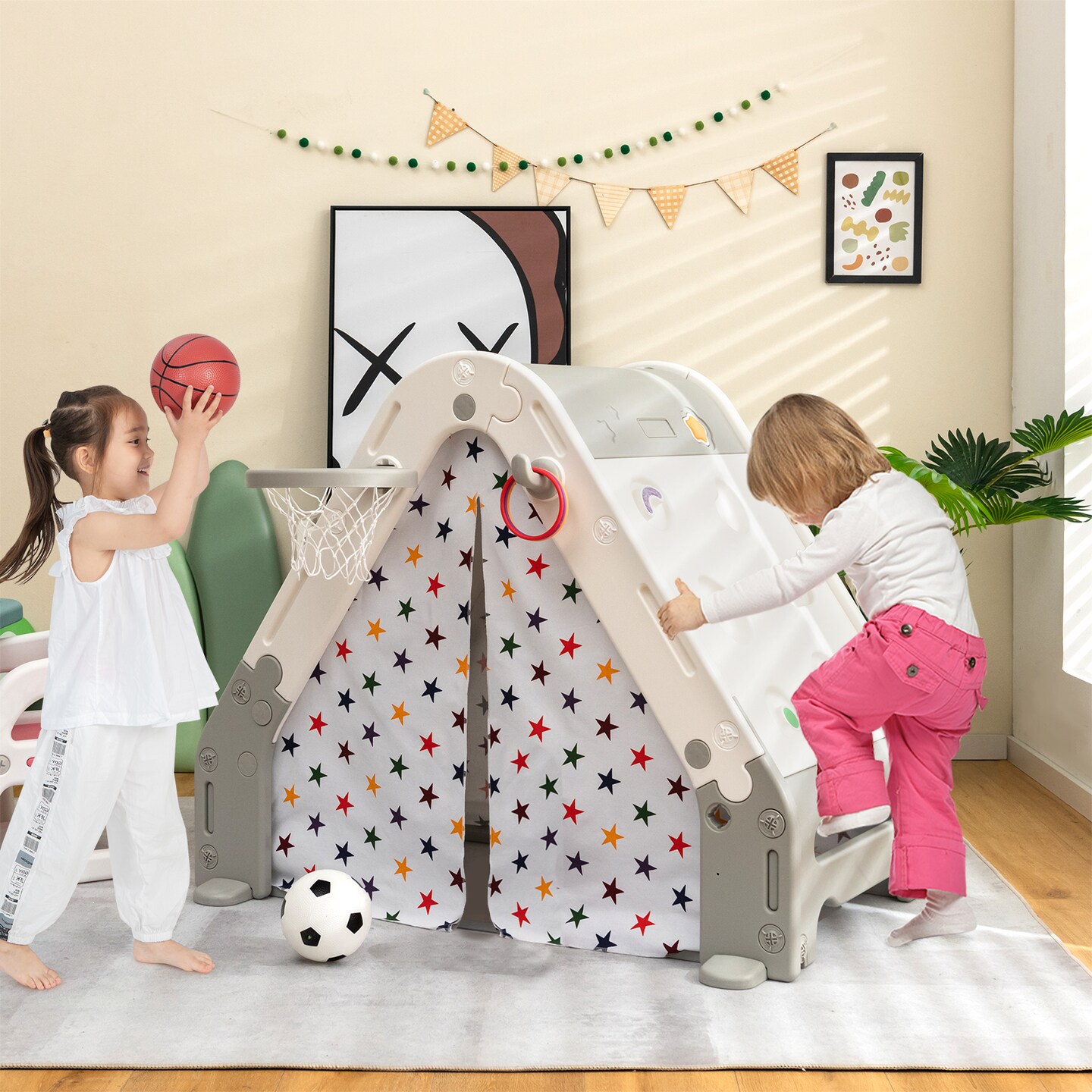 Kid&#x27;s Triangle Climber with Tent Cover and with Climbing Wall-Gray