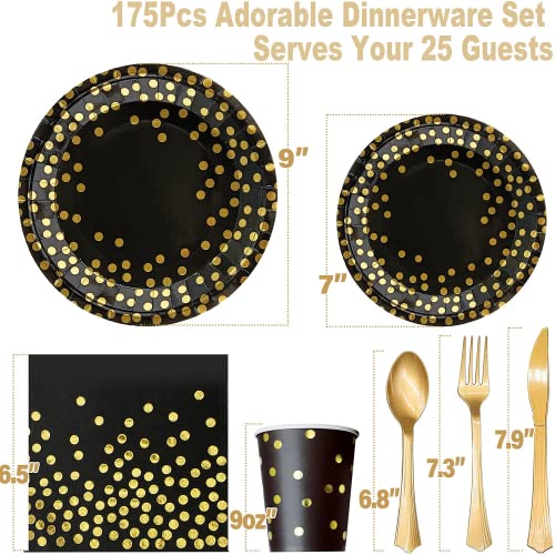 175PCS Black and Gold Party Supplies, Severs 25 Disposable Party Dinnerware Gold Plastic Forks Knives Spoons and Golden Dot Black Paper Plates Black Napkins Cups for New Years Graduation Birthday