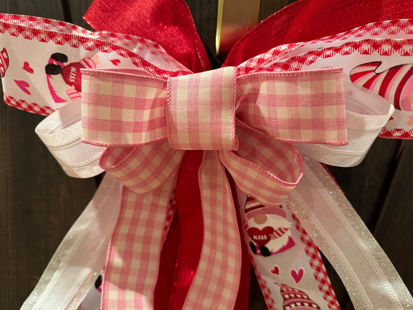 Valentine's Day Bow, Gnome Ribbon, Red, Pink Buffalo Plaid, Handmade