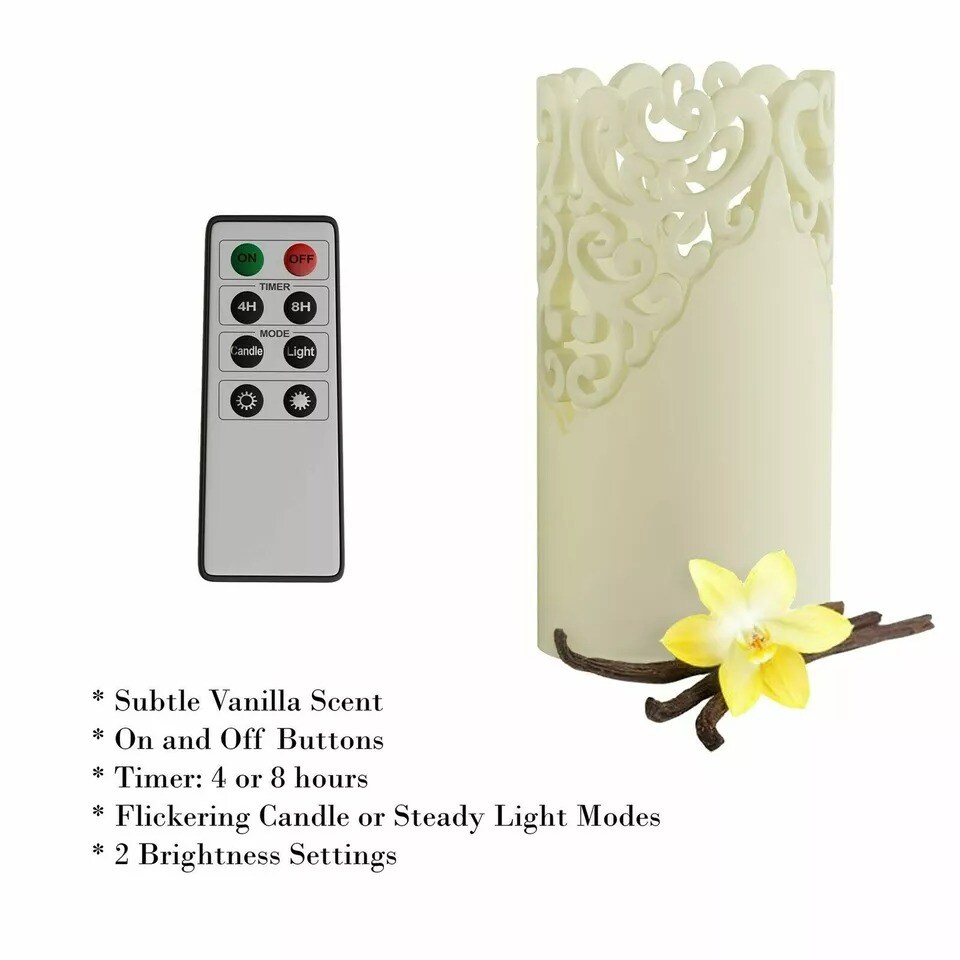 Set of 3 Real Wax Flameless LED Light Candles Remote and Timer Lacey Laser Cut