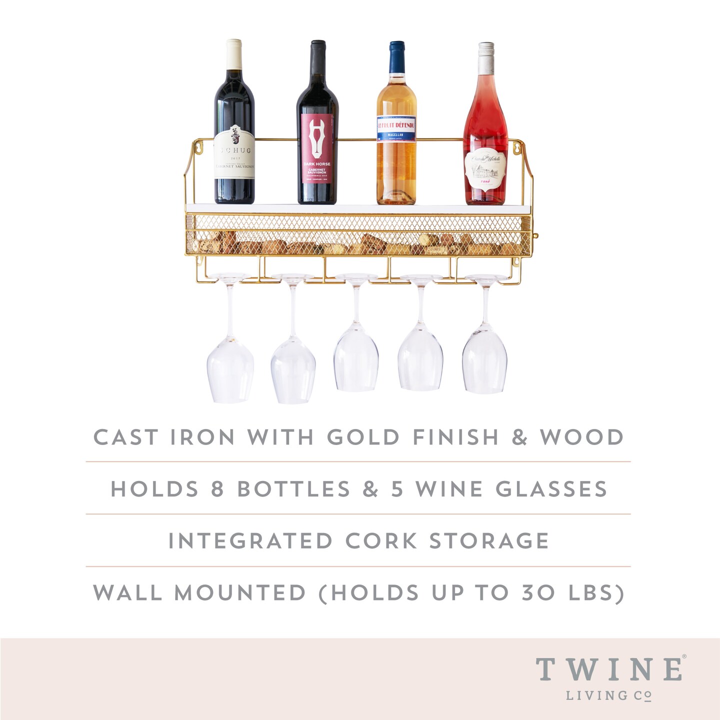 Gold Wall Mounted Wine Rack &#x26; Cork Storage