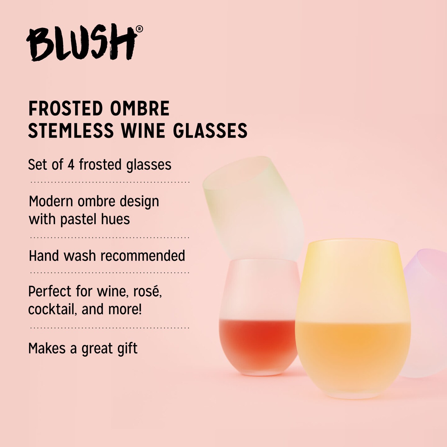 Frosted Ombre Stemless Wine Glasses Blush