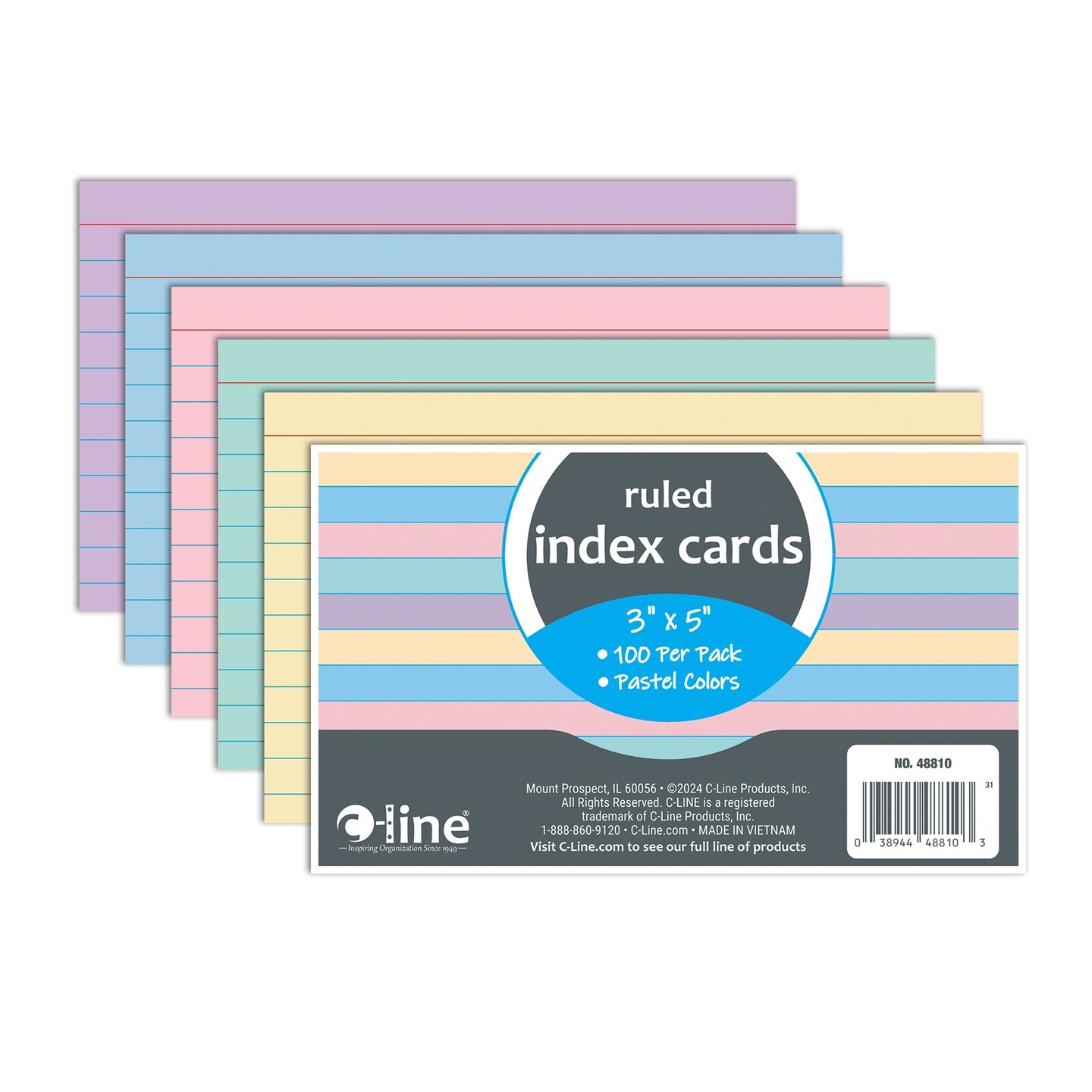 Index Cards, 3&#x22; x 5&#x22;, Assorted Colors, Ruled, 100 Per Pack, 10 Packs