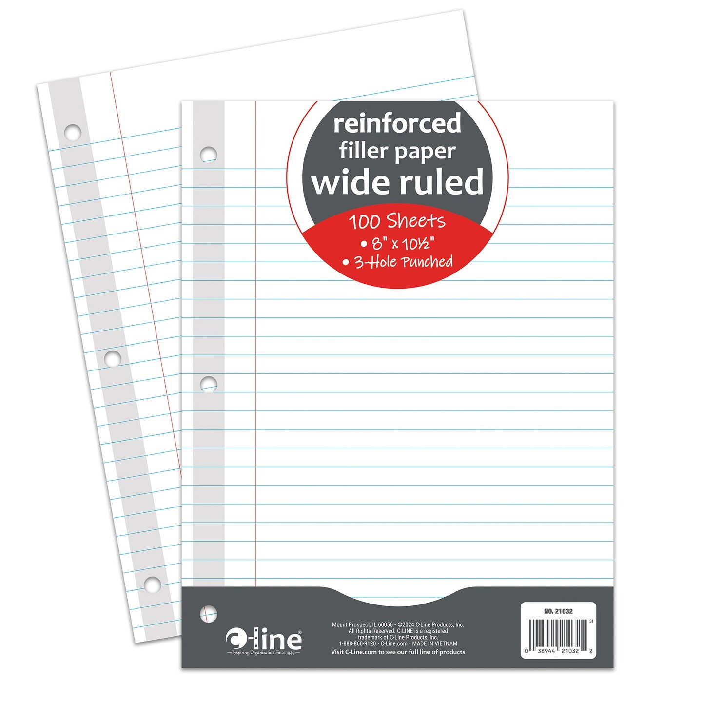 Reinforced 3-Hole Punched, Filler Paper, Wide Rule, 10.5&#x22; x 8&#x22;, 100 Sheets Per Pack, 6 Packs