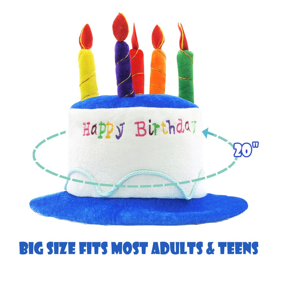 Blue Plush Happy Birthday Cake Hat Unisex Adult Size