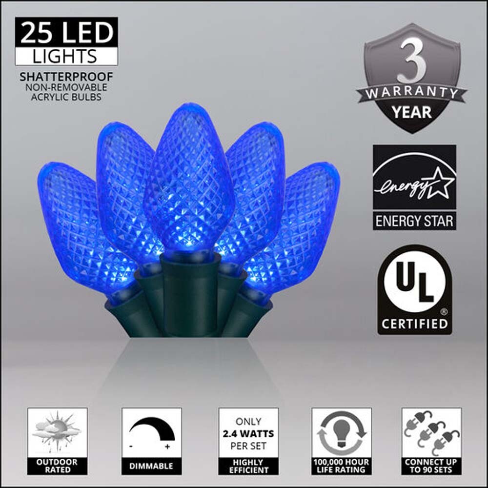 25 Blue C7 LED Christmas Lights, Green Wire, 8&#x22; Spacing