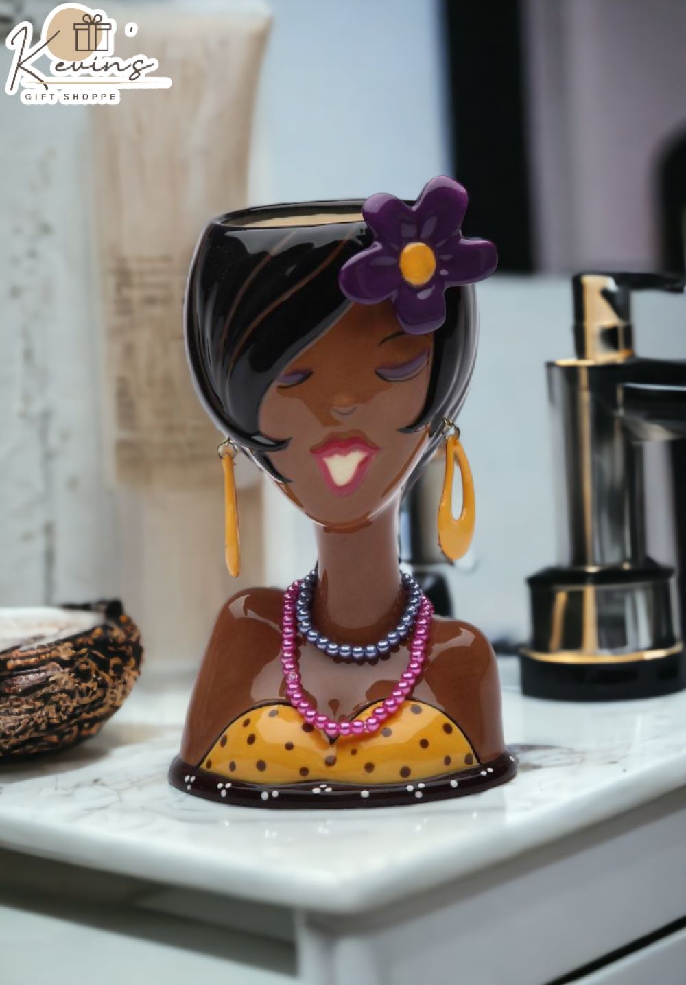 Ceramic African American Glam Girl Makeup Brush Holder, Home D&#xE9;cor, Gift for Her, Mom, Friend, or Coworker, Vanity D&#xE9;cor