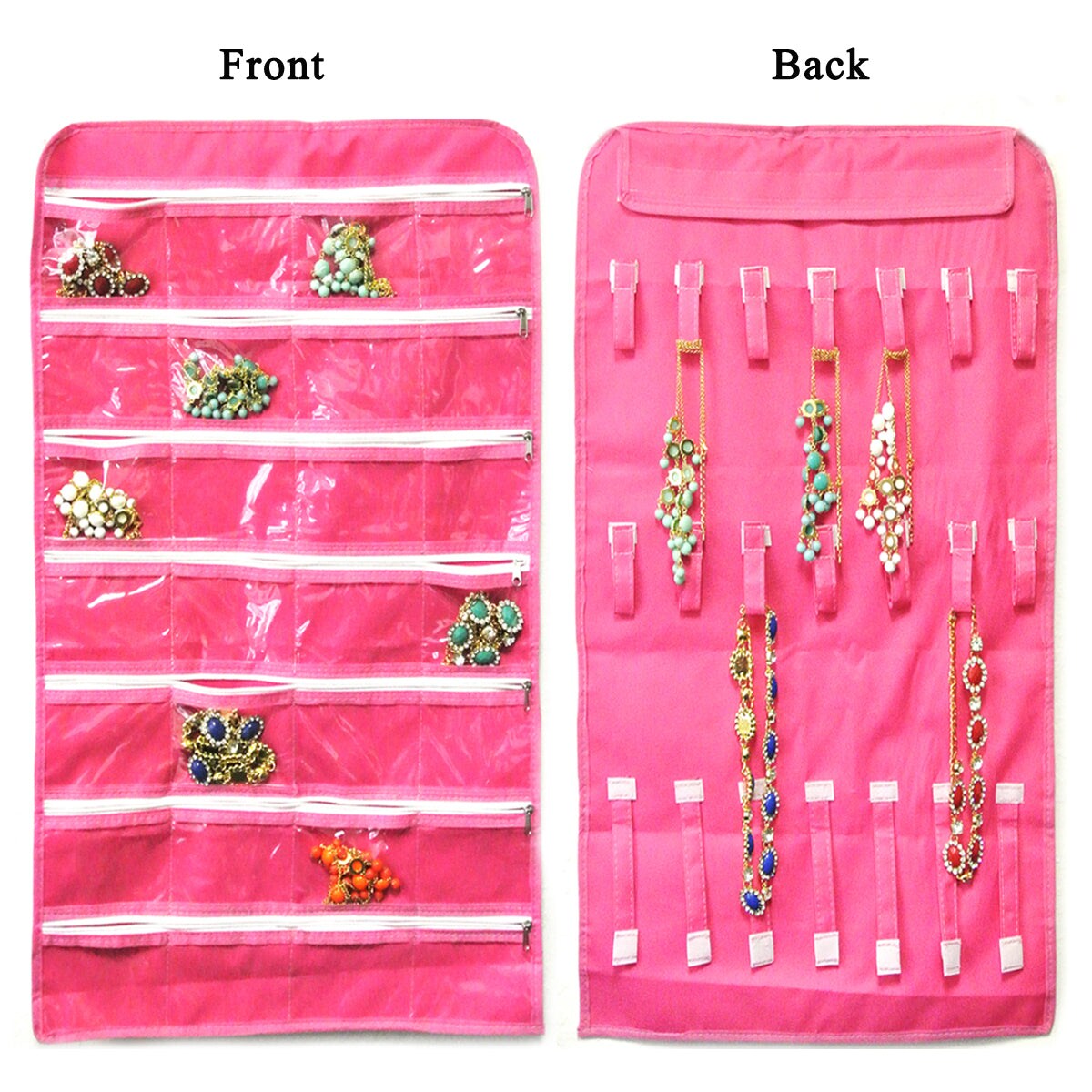 28 Zippered Pockets Hanging Jewelry Organizer with 21 Holding Loops ...