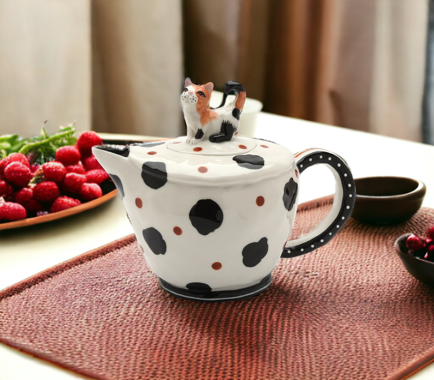 Ceramic Cow-Print Cat Teapot, Gift for Her, Gift for Mom, Tea Party D&#xE9;cor, Caf&#xE9; D&#xE9;cor, Farmhouse D&#xE9;cor, Kitchen Decor, Cat Lover Gift