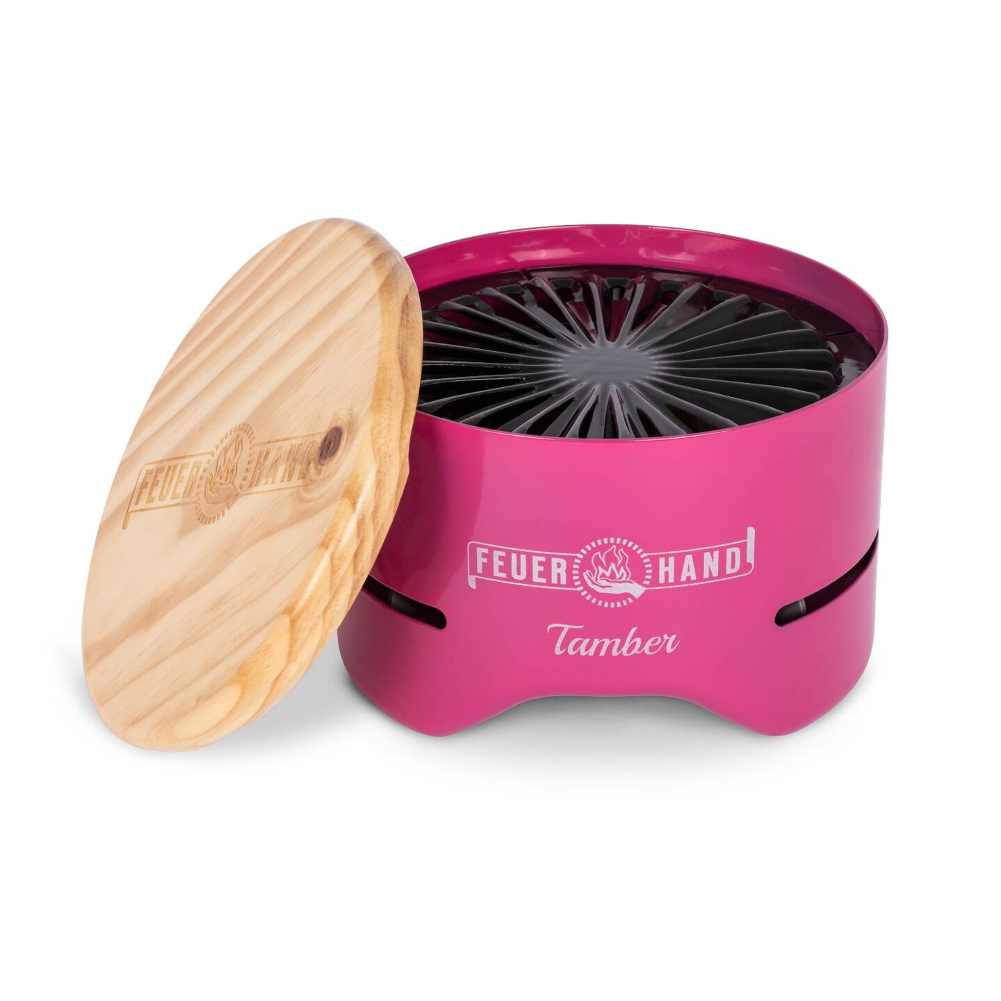 Petromax Feuerhand Tamber Tabletop Charcoal Grill, Powder-Coated Steel for Outdoor Use, Wood Lid, 7.9 inch diameter, Telemagenta