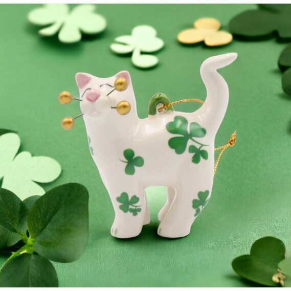 kevinsgiftshoppe Ceramic Shamrock Cat Ornament Home Decor   Kitchen Decor Irish Saint Patricks Day Decor