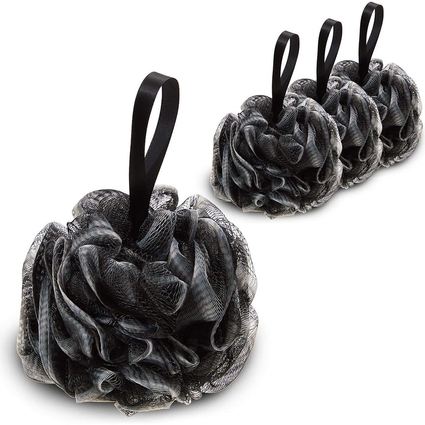 Shower Loofah, Body Pouf Sponge for Men & Women (Black, 4 Pack)