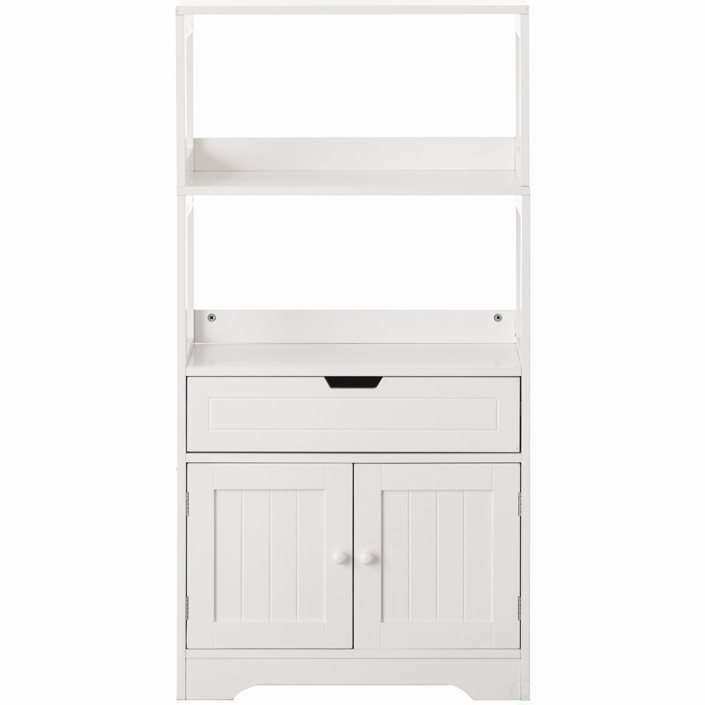 Tall Freestanding Wooden Storage Vanity, Kitchen Pantry, and Bathroom Cabinet Organizer, with 2 Open shelves, A drawer and 2 Door Cabinet, White