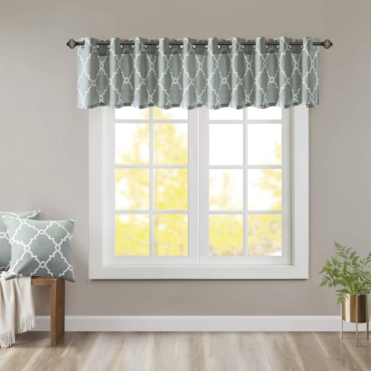 Madison Park   Saratoga Fretwork Print Valance, 50x18&#x22;, Seafoam