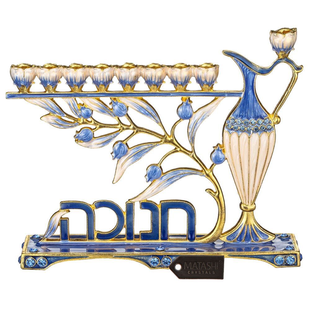 Matashi Hand Painted Blue Enamel Menorah Candelabra W/ Hebrew Hanukkah Design W/ Gold Accents And Crystals Jewish