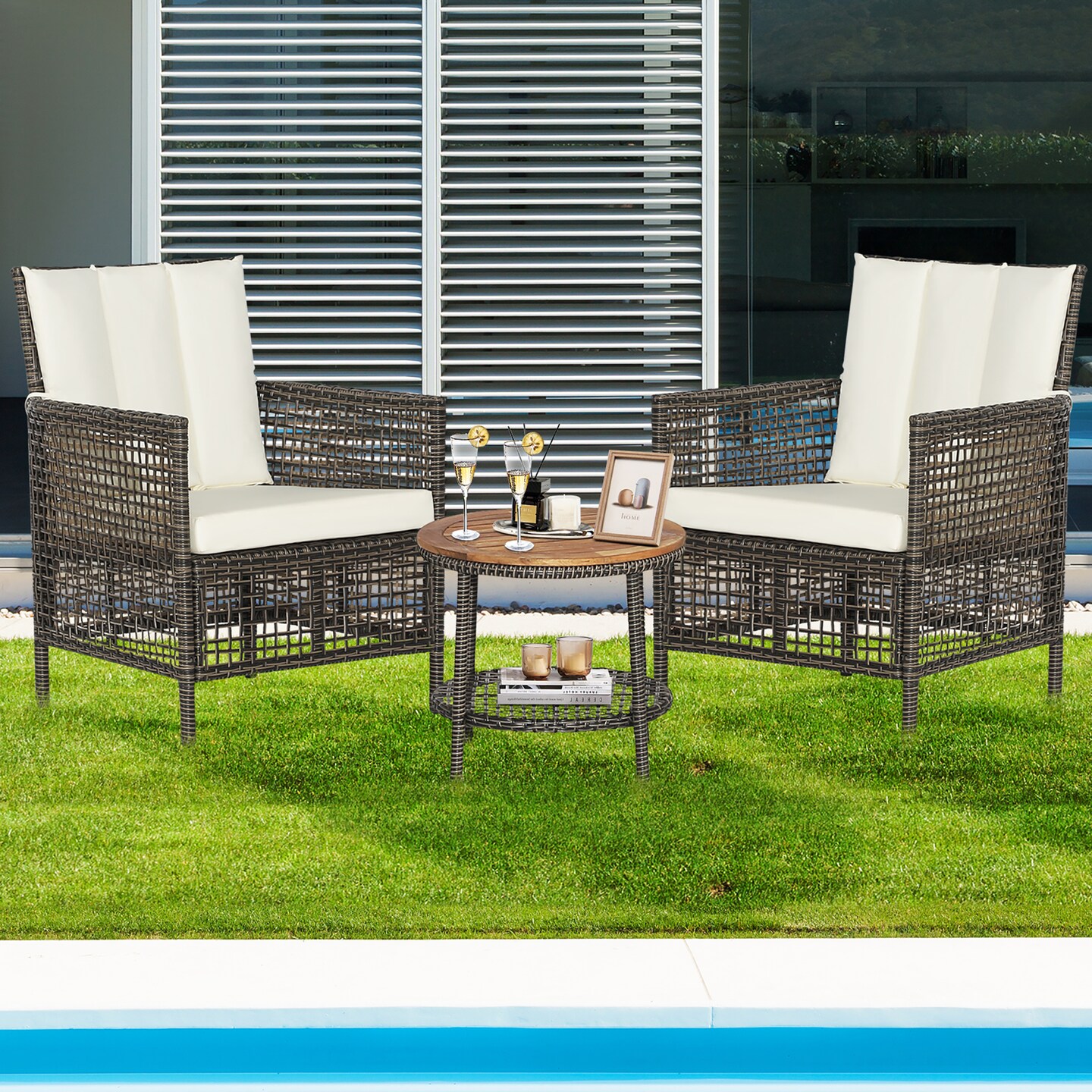 Costway 3PCS Patio Rattan Furniture Set Cushioned Sofas Wood Table Top W/Shelf