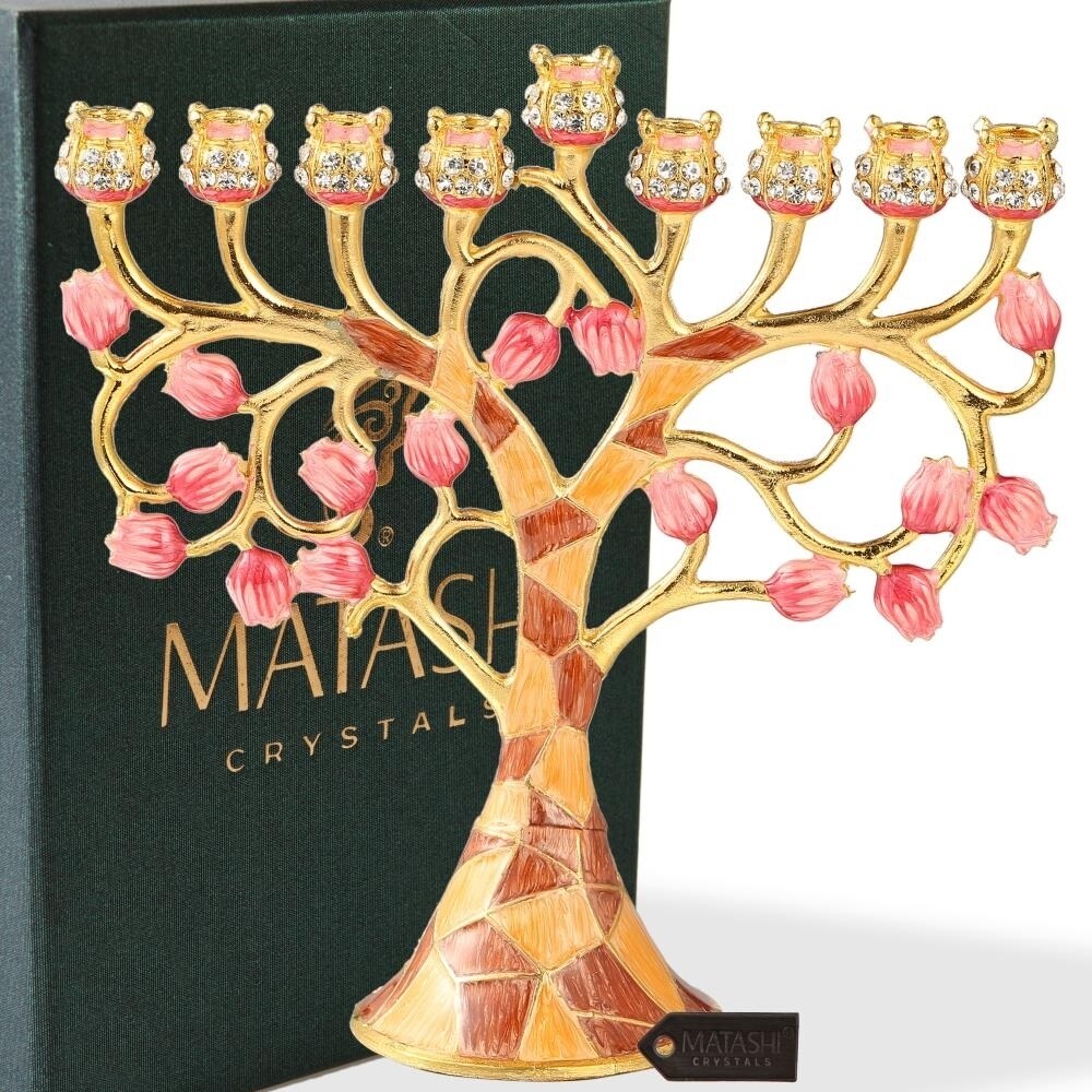 Matashi Hand Painted Enamel Menorah Candelabra W/ Intertwining Pomegranate Design W/ Gold Accents And Crystals Jewish