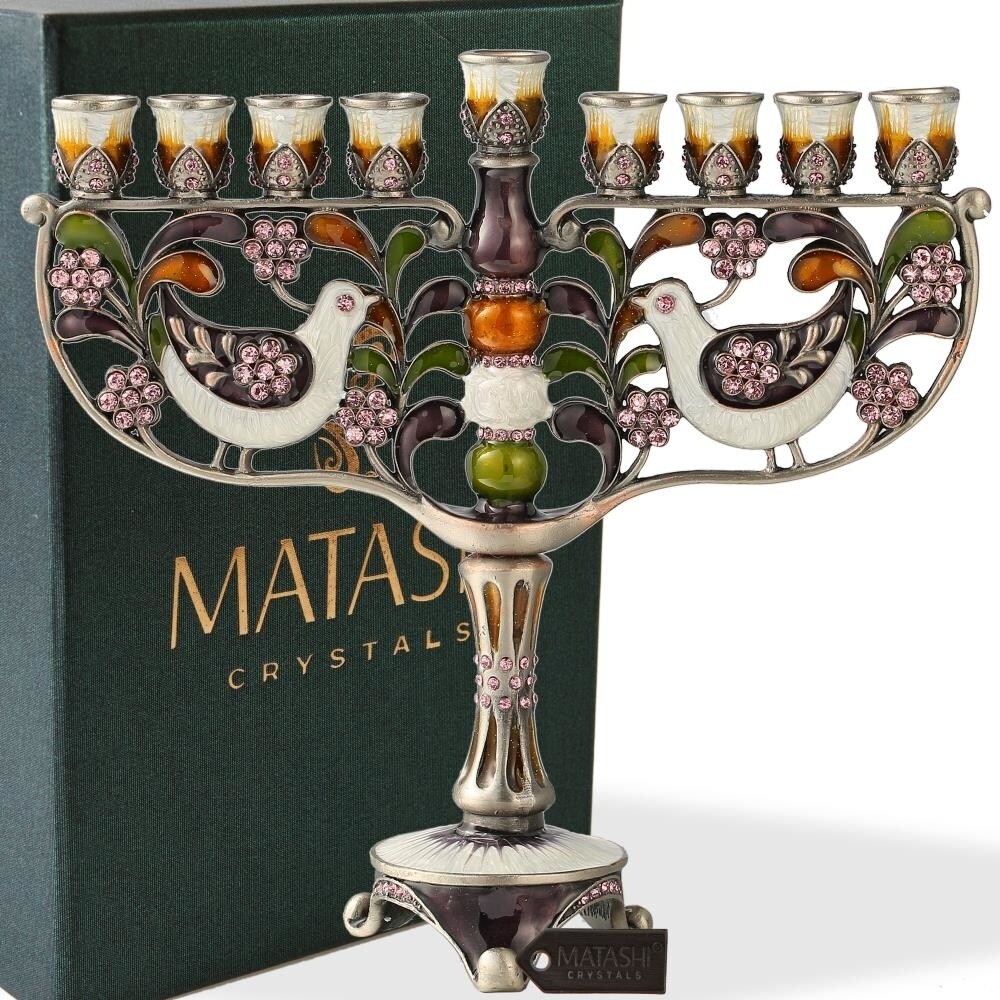 Hand Painted Enamel Menorah Candelabra With A Doves And Flower Design And Embellished With Gold Accents And Fine