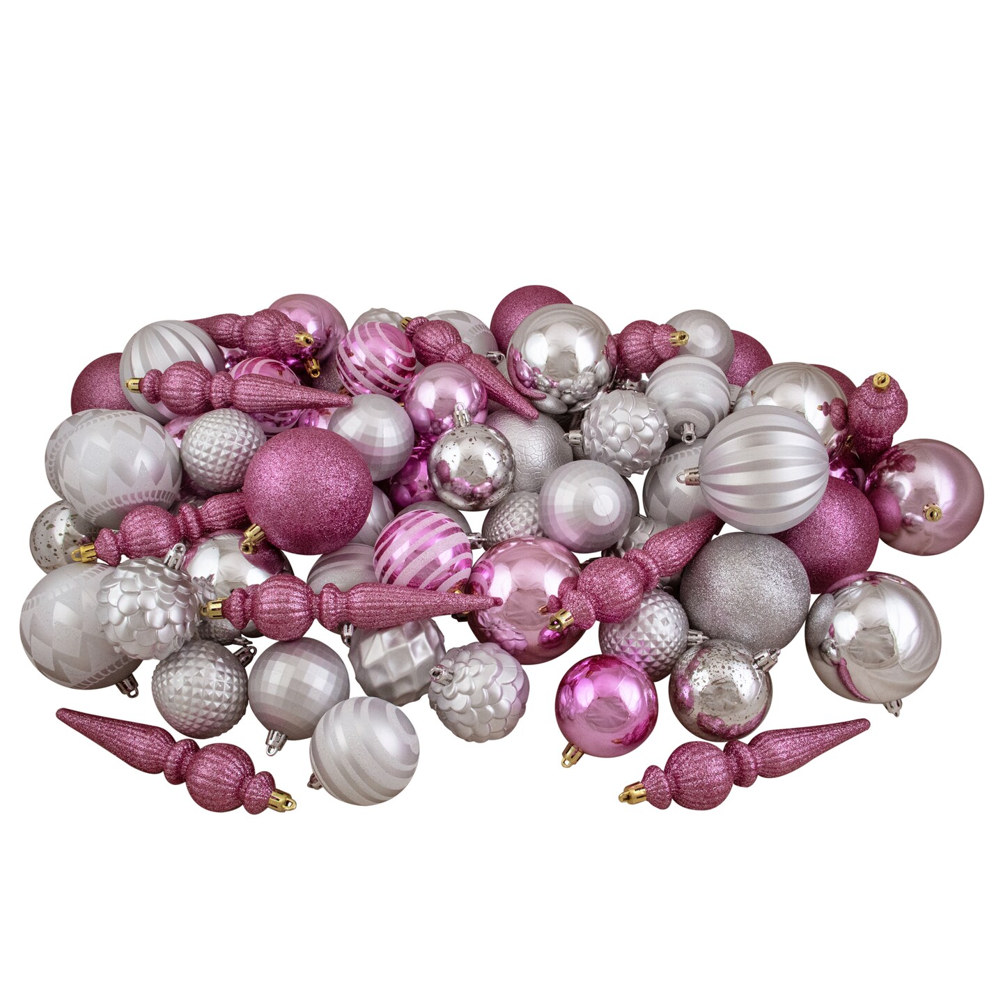 Northlight Shatterproof 3-Finish Christmas Ball and Finial Ornaments -  Pink and Silver - 75ct