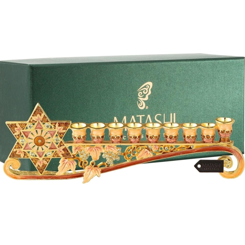 Matashi Long Hand Painted Enamel Menorah Candelabra W/ Star Of David Design W/ Gold Accents And Crystals Jewish Holiday
