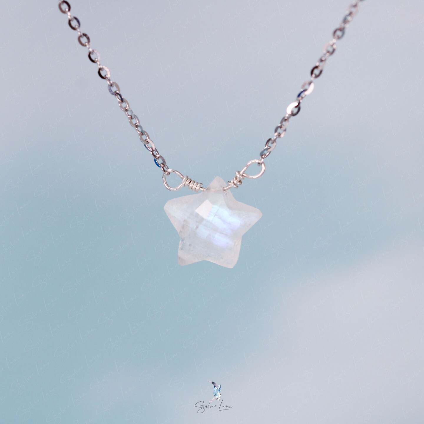 Star rainbow moonstone pendant necklace in sterling silver