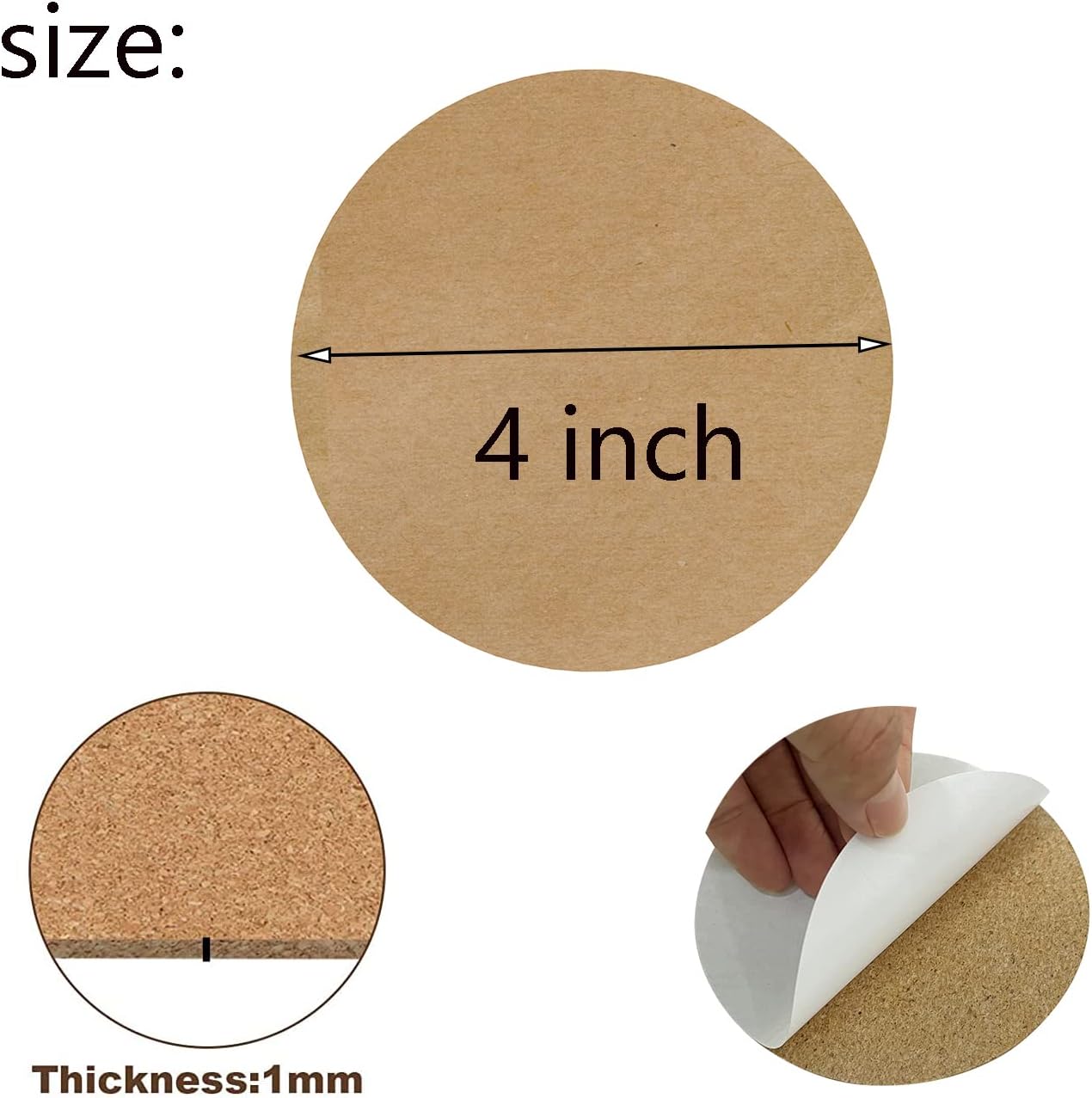 100 Pcs 4 x 4 Inch Self Adhesive Cork Round Backing Cork Tiles Sheets for Coasters and DIY Crafts