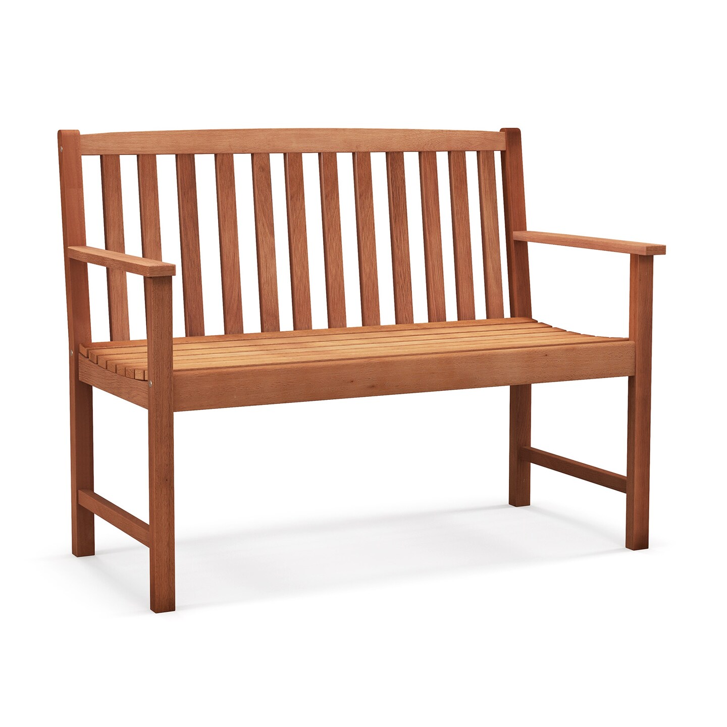 2-seat Patio Wood Bench with Cozy Armrests and Slatted Backrest
