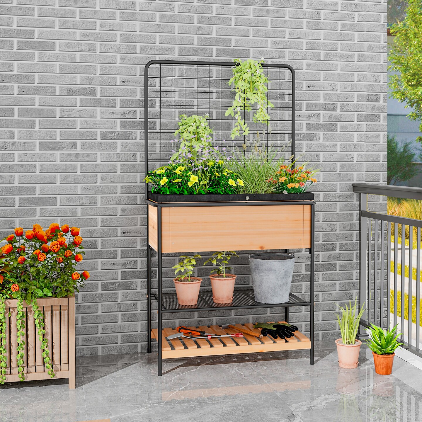 Raised Garden Bed With Trellis 2-tier Storage Shelves-Natural
