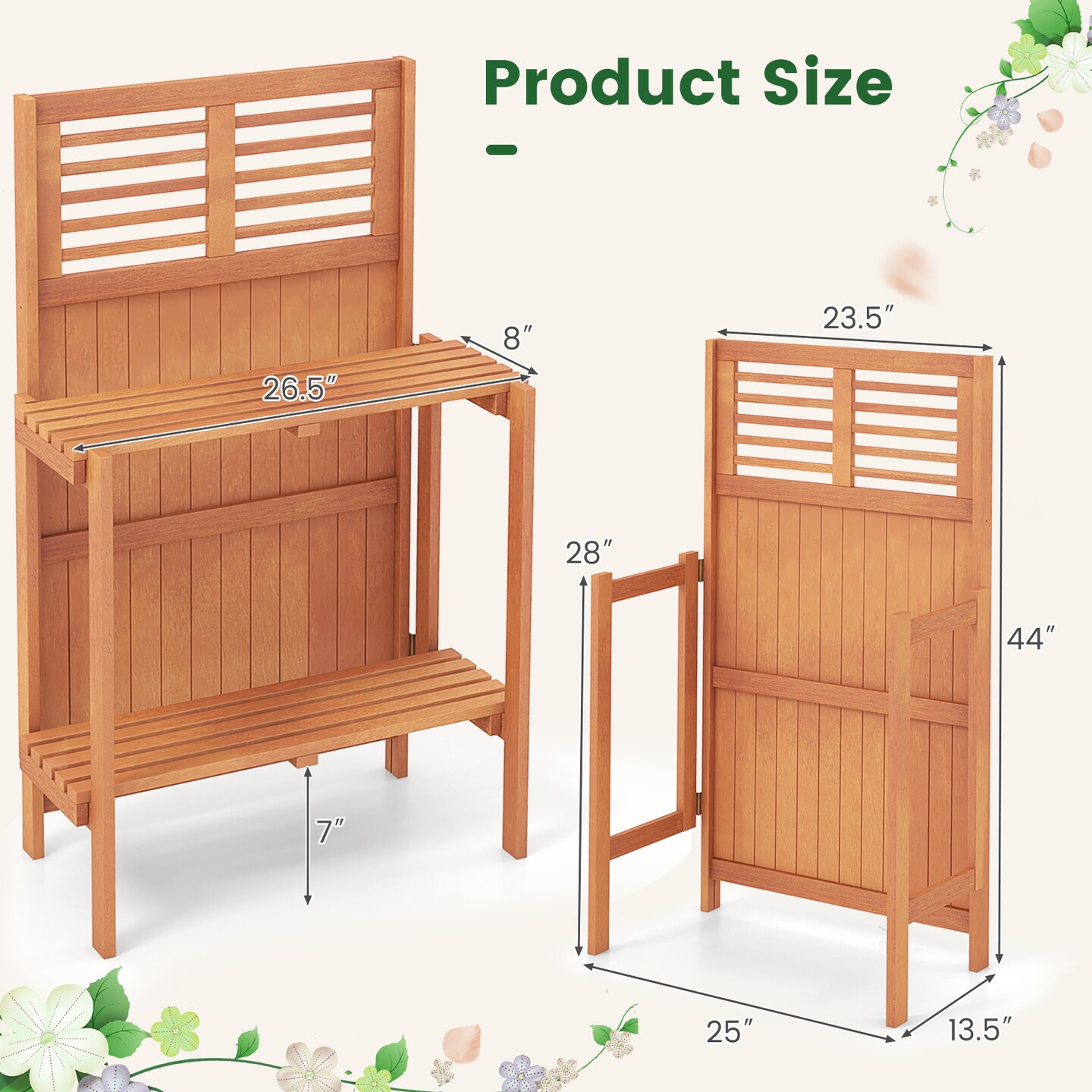 Foldable Wood Potting Bench Gardening Workstation 2-Tier Storage Natural