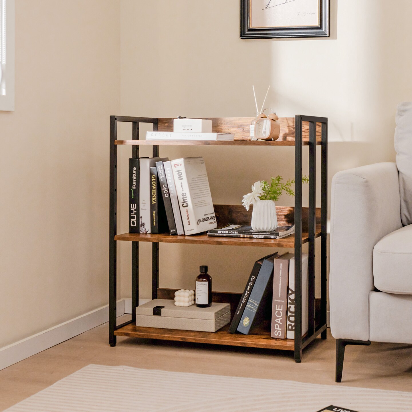 3-tier Corner Bookcase With Adjustable Shelves And Metal Frame