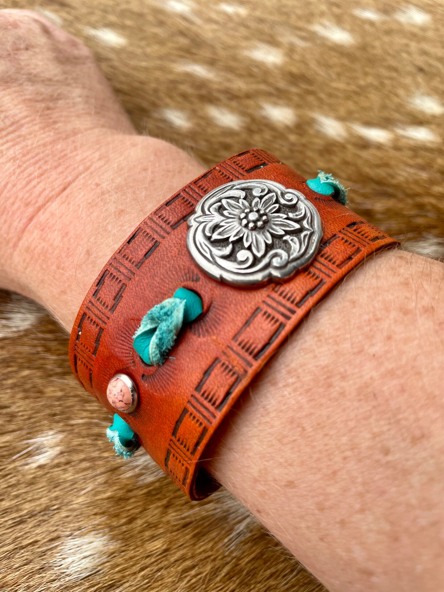 Brown Leather cuff bracelet, western tooled gift for women, floral